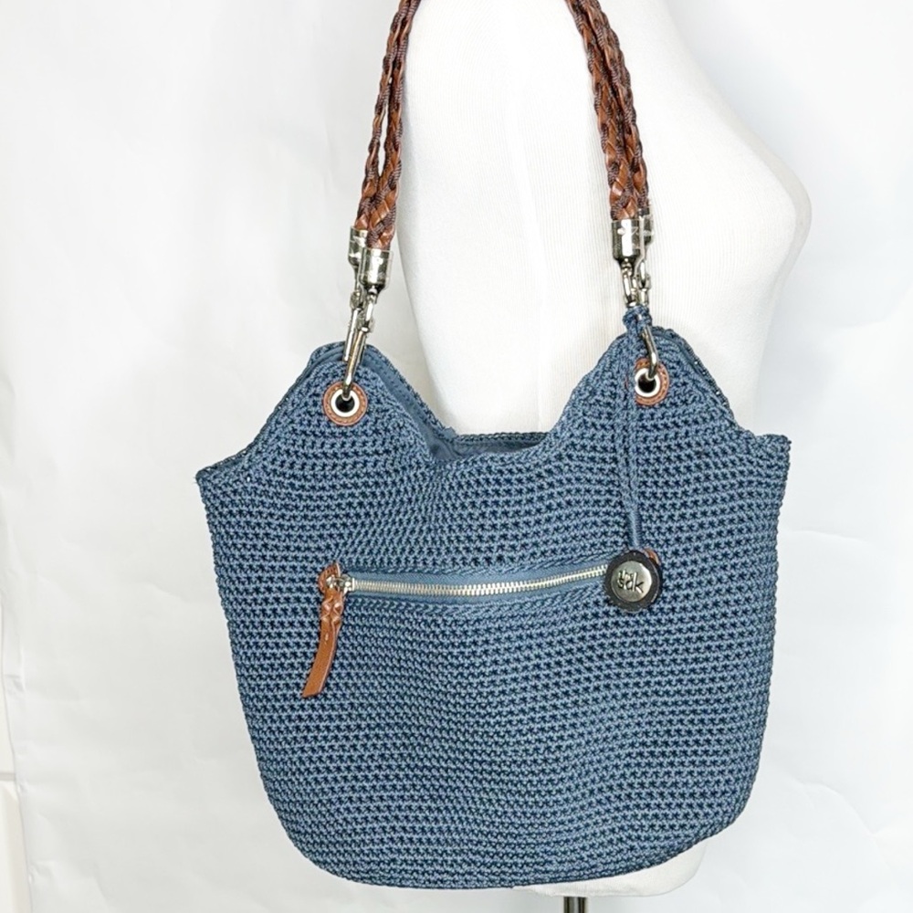 The Sak Blue Hand Crochet Bag with Brown Woven Straps - Picture 1 of 14